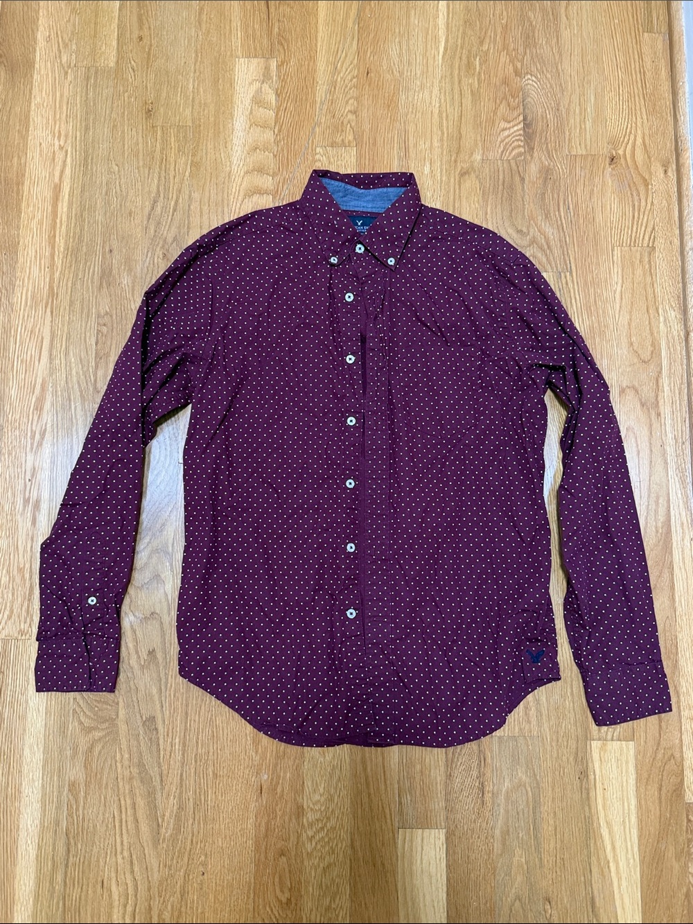 American Eagle Outfitters Burgundy Dot-Print Long-Sleeve Button-Down Shirt